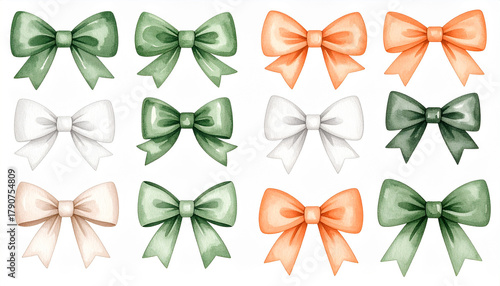 Watercolor set of cute hand painted bows in green, white and orange tones, decorative elements