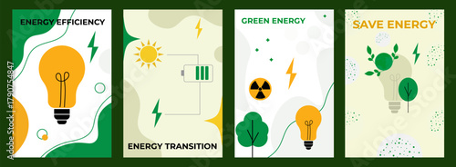 Bright posters of green energy and energy efficiency.Templates with a light bulb, sun, battery, and plants.Vector illustration