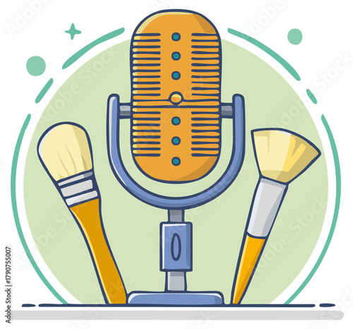 Retro microphone with makeup brushes illustration for beauty podcast or broadcast