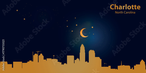A minimalist vector illustration of Charlotte's silhouette at night against a deep dark blue sky. At the top is a thin golden crescent moon with a soft glow, surrounded by several small stars.