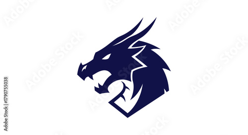 Stylized dragon head in dark blue against a white background