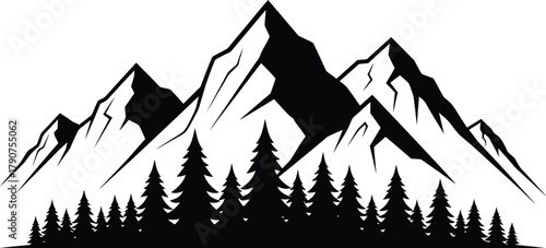 Black and white silhouette of a mountain range with pine trees in the foreground.
