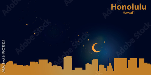 Minimalist vector illustration of Honolulu's nighttime skyline against a deep dark blue sky. At the top is a thin golden crescent moon with a soft glow, surrounded by several small stars.