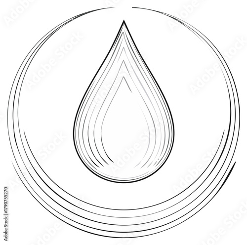 Stylized abstract water drop symbol inside concentric circles emblem clean design