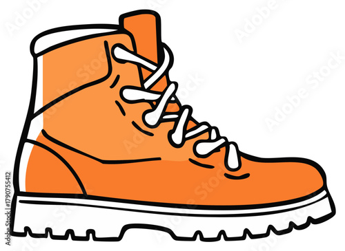 Hiking boots bright orange with laces. Symbol adventure, hiking, traveling, tourism and trekking