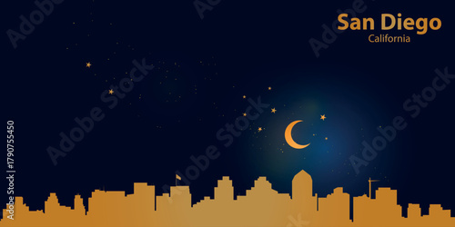 Minimalist vector illustration of San Diego's nighttime skyline against a deep dark blue sky. At the top is a thin golden crescent moon with a slight glow, surrounded by several small stars.