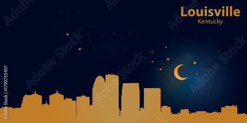 A minimalist vector illustration of Louisville's nighttime skyline against a deep dark blue sky. At the top is a thin golden crescent moon with a soft glow, surrounded by several small stars.