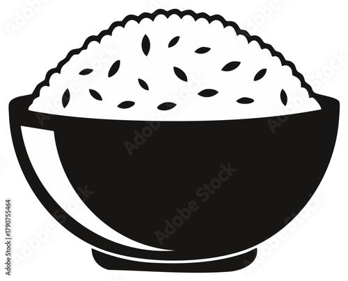 Black and white illustration of a bowl filled with rice and rice grains
