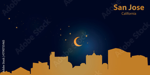 Minimalist vector illustration of the nighttime silhouette of San Jose against a deep dark blue sky. At the top is a thin golden crescent moon with a slight glow, surrounded by several small stars.