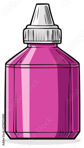 Cartoon illustration of magenta eye drop or cosmetic bottle with gray twist-off cap.