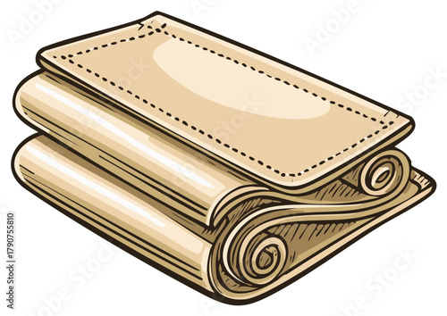 Folded illustration of stacked towels or linens, with a stitched top edge.