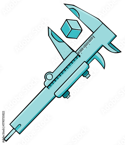 Light Blue Caliper Measuring a Cube Cartoon Style Illustration