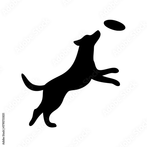 Dog catching frisbee silhouette playful pet animal icon Vector, illustration