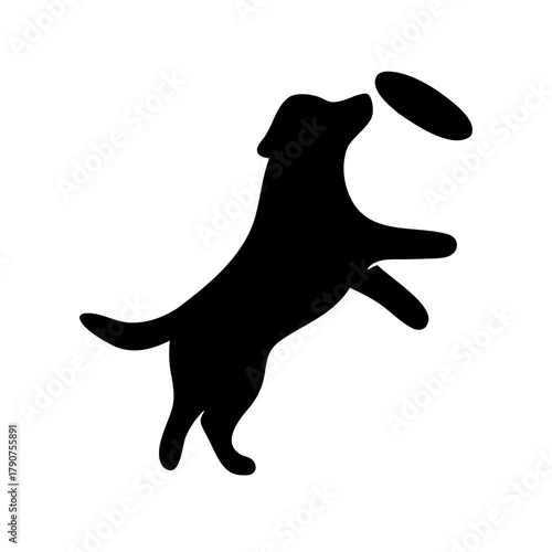 Dog silhouette jumping for frisbee playful action vector Vector, illustration