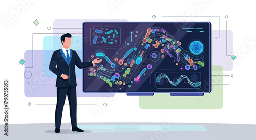 Professional scientist presenting a scientific data on modern screen technology display