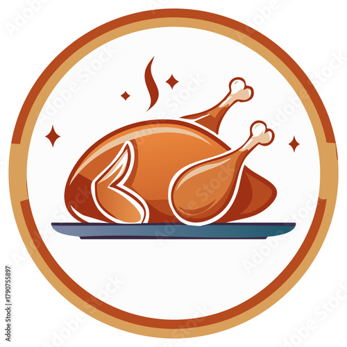 Delicious roasted turkey or chicken serving on a platter with steam and sparkle festive illustration