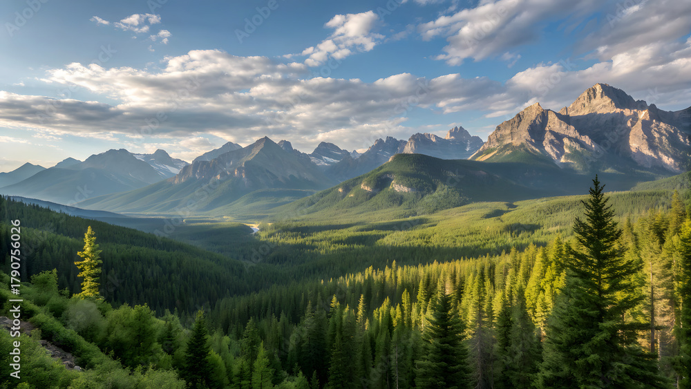 Fototapeta premium Majestic Mountain Range With Lush Green Forest And Cloudy Sky At Sunset mountains