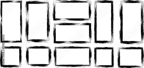 Set contains grunge frames, collection of brush strokes borders. Isolated on transparent background with black color. Simple frames for your design needs.