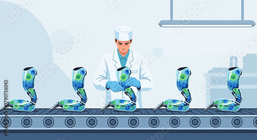 Robotic arm assembly line with a technician overseeing the manufacturing process depicting future