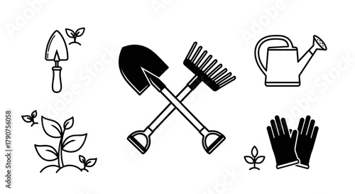 Gardening tools icons: trowel, shovel, rake, watering can, plant, gloves.