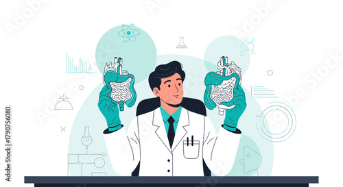 Scientific illustration of a doctor holding anatomical models with modern design elements
