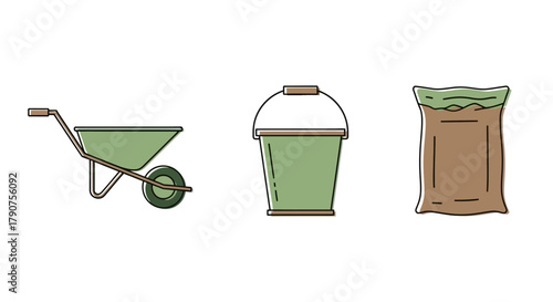 Wheelbarrow, bucket, and bag of soil vector illustration.