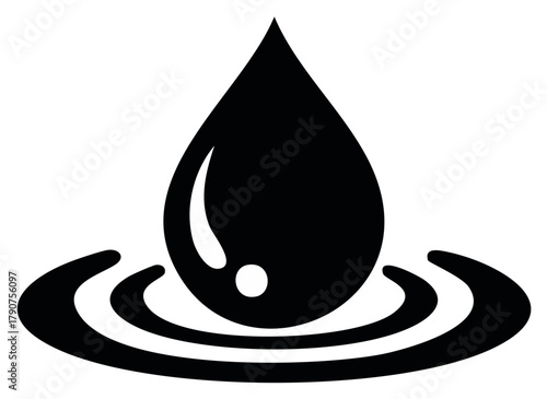 Falling Liquid Water Drop Creates Concentric Ripples Black and White Simple Icon
