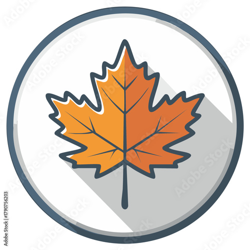 Orange autumn maple leaf icon with long shadow effect in a modern flat design style circle