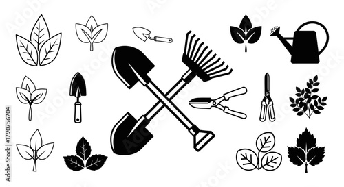 Black and white vector illustration of gardening tools and leaves.
