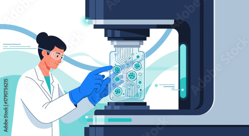 Scientist analyzing a vaccine vial with circuit board design in a laboratory setting
