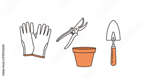 Illustration of gardening tools: gloves, pruners, pot, and trowel.