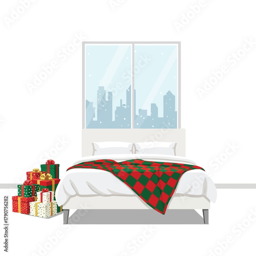 Cozy bedroom scene with a bed, Christmas blanket, and a pile of festive gifts next to a window overlooking a snowy city.