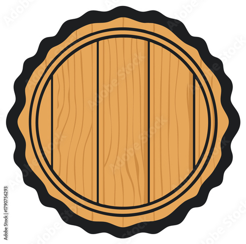 Wooden barrel seal with decorative design for bar and beverage concepts
