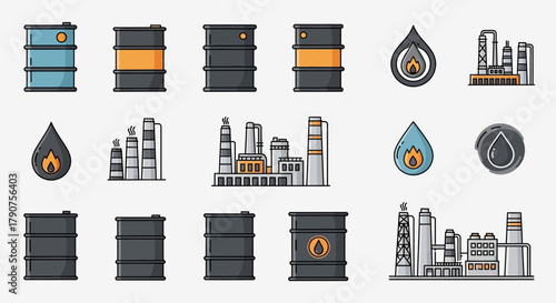 Oil industry icons: barrels, refineries, and flame drops in a flat design.