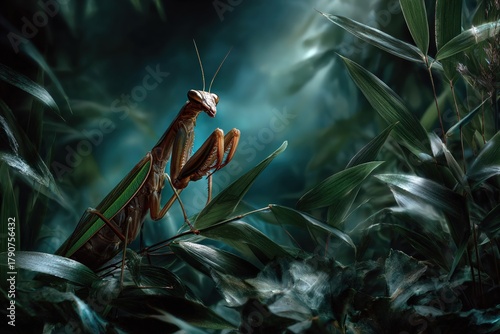praying mantis hidden among lush green leaves in a mysterious forest illuminated by soft blue light, macro nature scene symbolizing patience, stealth and the beauty of wildlife in its natural habitat
