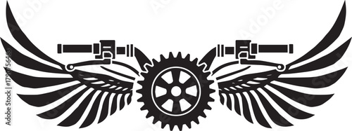 Mechanical Wings Illustration: A black and white illustrative design features a central gear flanked by stylized wings, with motorcycle handlebars incorporated. 