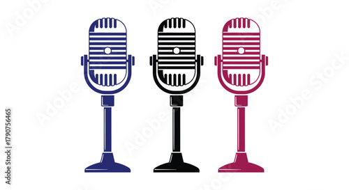 Three vintage microphones stand in a row, one blue, one black, and one red.