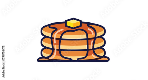 A stack of golden brown pancakes is topped with butter and syrup.