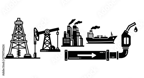 Oil industry icons: rig, pumpjack, refinery, tanker, pipeline, gas pump.