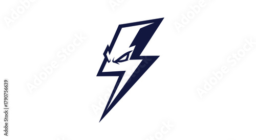Stylized electric bolt symbol with angry eyes in navy blue on white