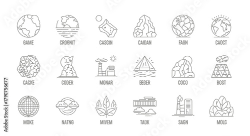 Collection of line icons representing various concepts and places.