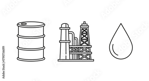 Oil industry icons: barrel, refinery, and drop of oil.