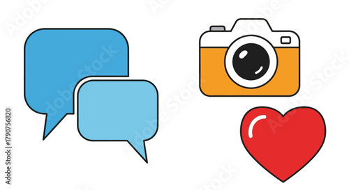 Icons representing communication, photography, and social media likes are displayed.