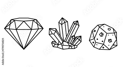Diamond, crystal, and meteorite line art illustration.