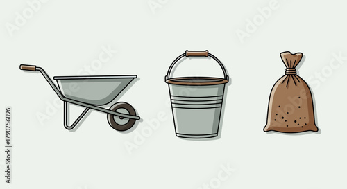 Illustration of wheelbarrow, bucket, and bag on a white background.