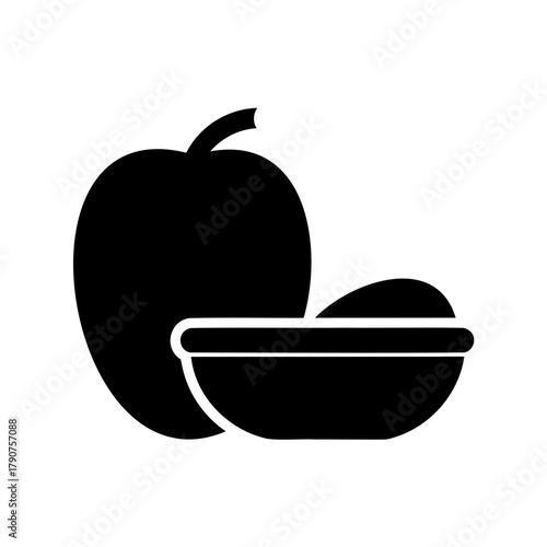 Fresh apple and a bowl with a dip or sauce in simple icon. Vector, illustration