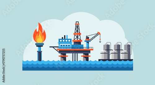 Illustration of an offshore oil rig with a flare burning gas.