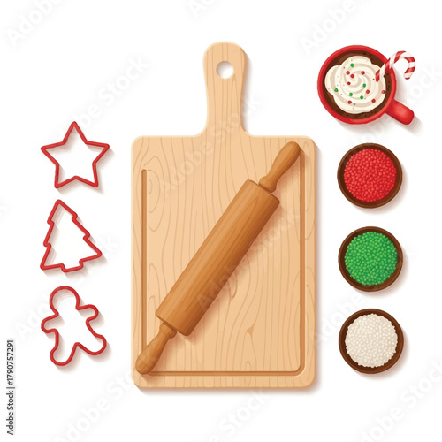 Festive baking scene with cookie cutters, rolling pin, sprinkles, and hot chocolate on a wooden board.