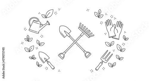 Gardening tools illustration: shovel, rake, gloves, watering can, trowel, fork, leaves.