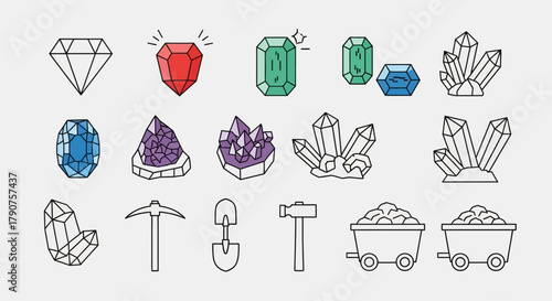 Collection of mining and gem icons, including diamonds, crystals, tools, and mine carts.